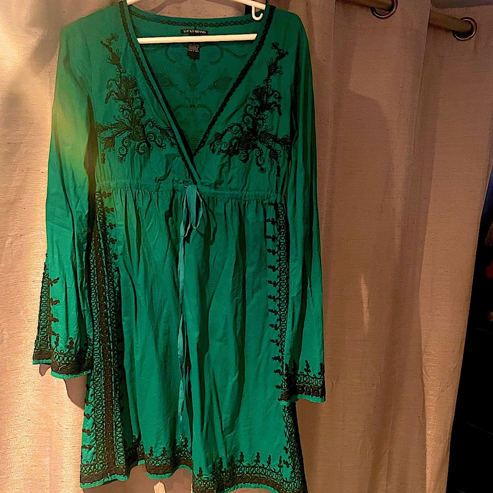 Lucky Brand Green Embroidered Midi Dress